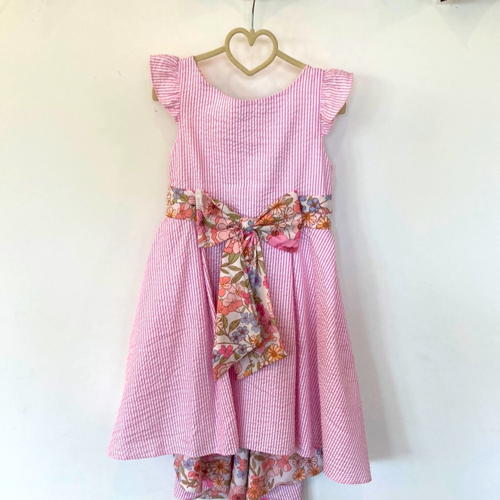 Rare Edition Pink/White Pin Stripe Hi-low Dress with Floral Detail. Size 6
